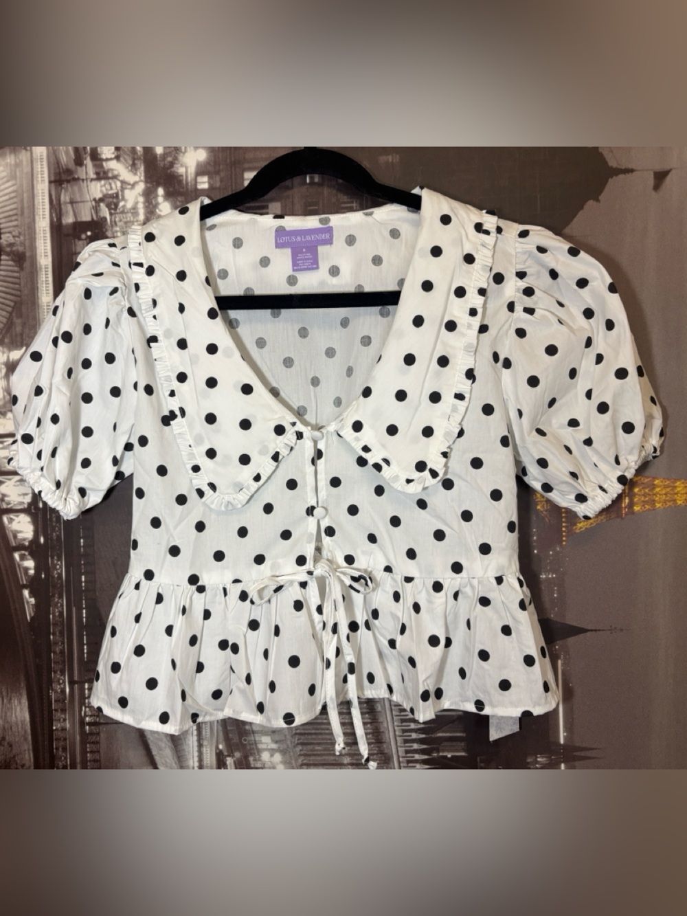 Cottage core boho Polka Dot Puff Sleeve Peplum Blouse - Black on White